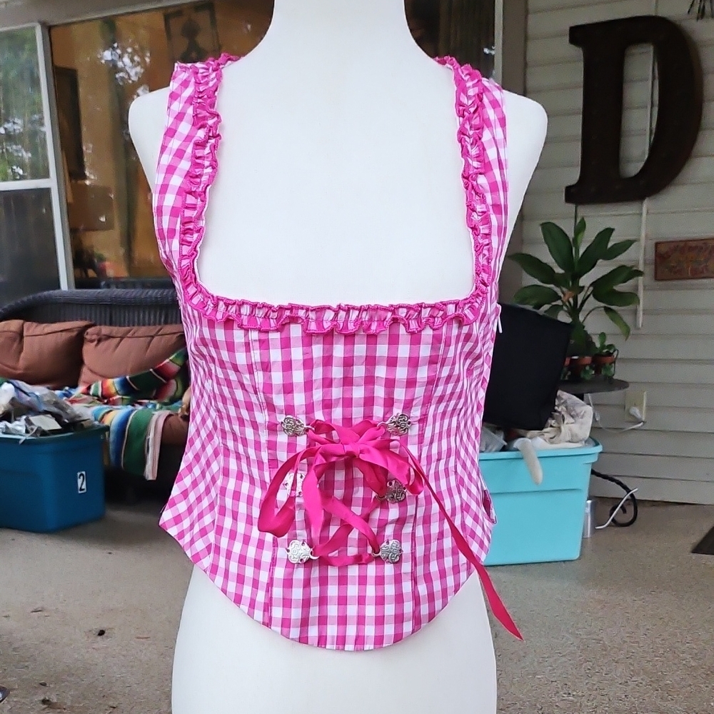 Vintage Janina Size 34 Raspberry Pink White Gingham Silver Buckle Lace-up Corset